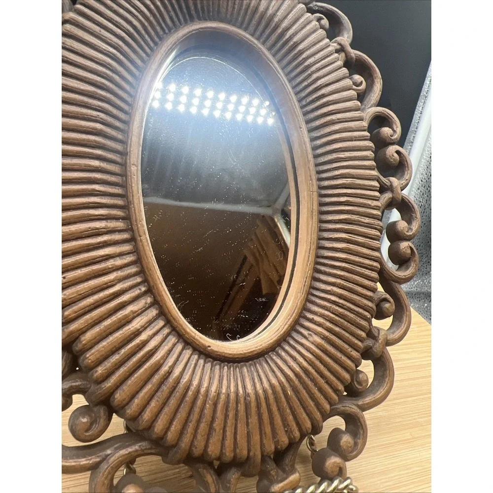 Vintage HOMCO Oval Mirror Wall Decor Brown Plastic Faux Wicker USA 9.5x7